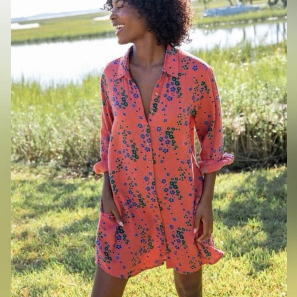 Natural Life 100% Cotton Georgia Shirt Dress Floral Coral Size Medium - Picture 2 of 11